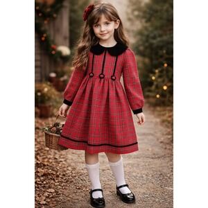 Vtg Girls SZ 7 Red Plaid Tartan Dress Black‎ Velvet Collar Rose Preppy Victorian